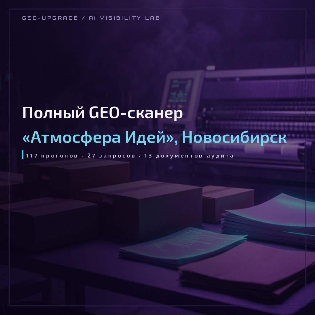 Обложка кейса: полный GEO-сканер типографии «Атмосфера Идей» — 117 прогонов в четырёх нейросетях и стратегия внедрения