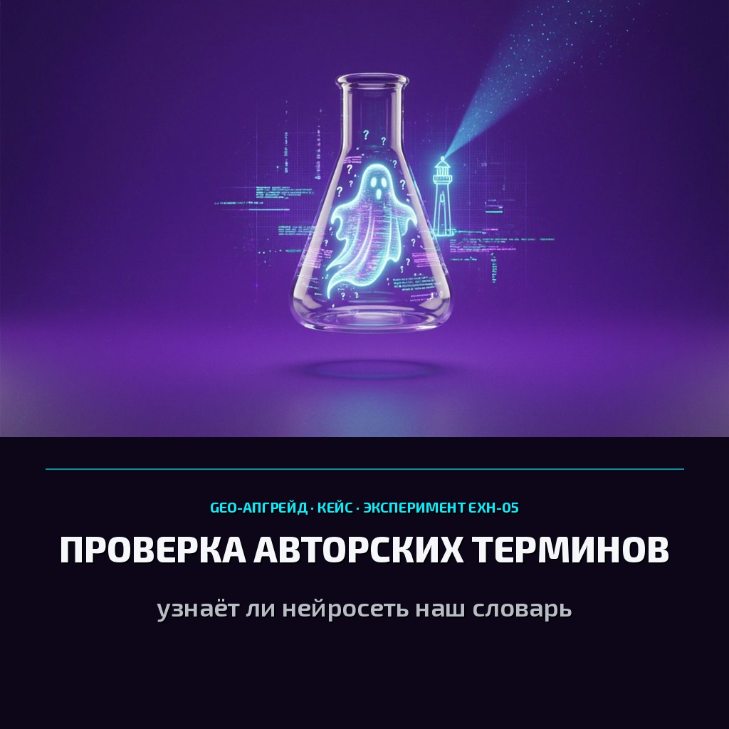 Обложка кейса: проверка авторских терминов — цифровой призрак в лабораторной колбе и неоновый маяк на тёмно-фиолетовом фоне GEO-Апгрейд