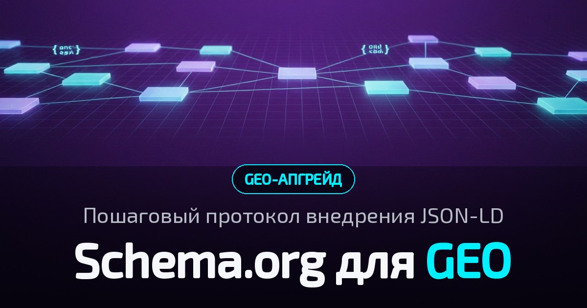 Обложка статьи: тёмно-фиолетовый цифровой фон, сверху структурированные блоки кода Schema.org и линии связей, внизу заголовок статьи
