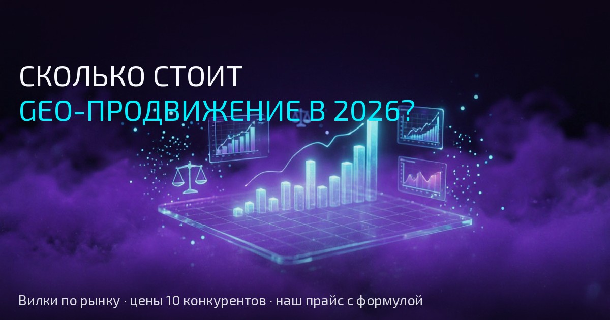 Обложка статьи: тёмно-фиолетовая лабораторная сцена с неоновой сеткой и голографической гистограммой цен — сколько стоит GEO-продвижение в 2026