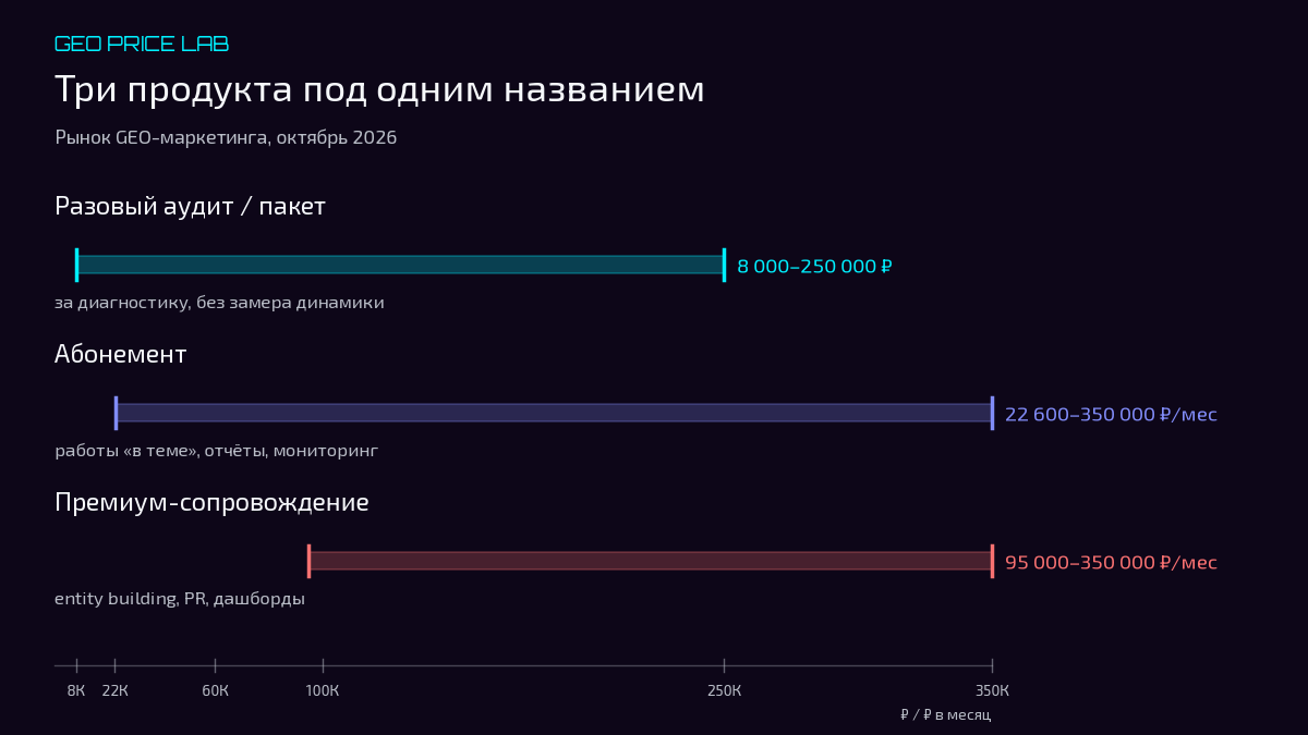 Инфографика: три формата GEO-работы и их вилки цен — разовый аудит 8 000–250 000 рублей, абонемент 22 600–350 000 рублей в месяц, премиум-сопровождение 95 000–350 000 рублей в месяц, на тёмно-фиолетовом фоне в фирменном стиле GEO-Апгрейд