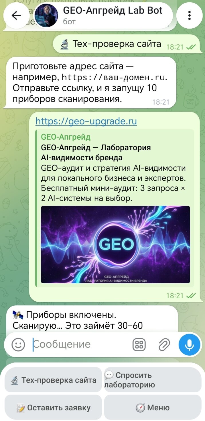 Лаббот приглашает отправить адрес сайта для тех-проверки: «Отправьте ссылку, и я запущу 10 приборов»