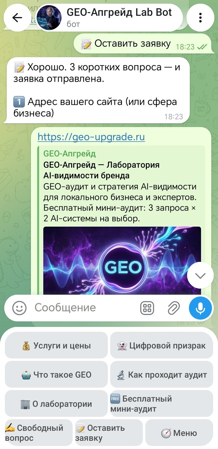 Диалог заявки: Лаббот просит адрес сайта или сферу бизнеса, гость отправляет ссылку